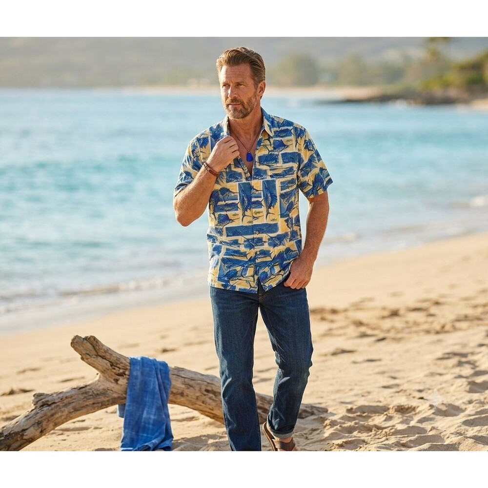 Kahala Men’s XL Hawaiian Shirt Made in USA Sailfish All Over Print Aloha Islands